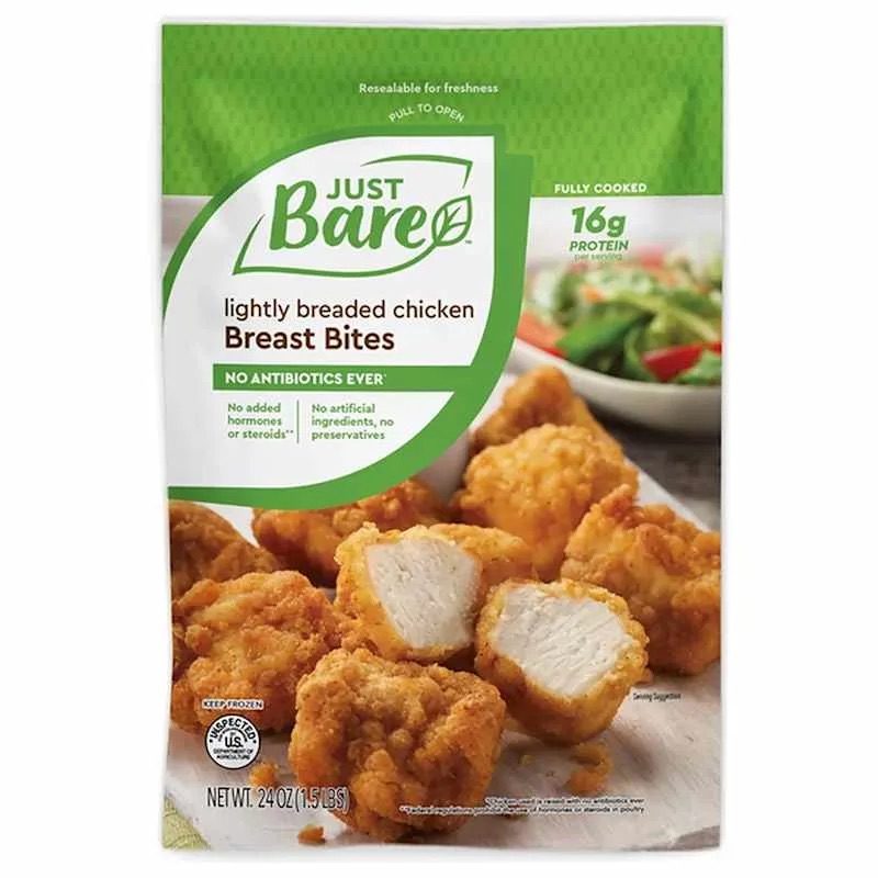 Previous Just Bare Breast Bites bag with a green swash, small logo and dispersed claims